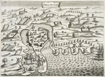 Italienische Soldaten marschieren in die befestigte Stadt auf der Insel Chios, Illustration aus 